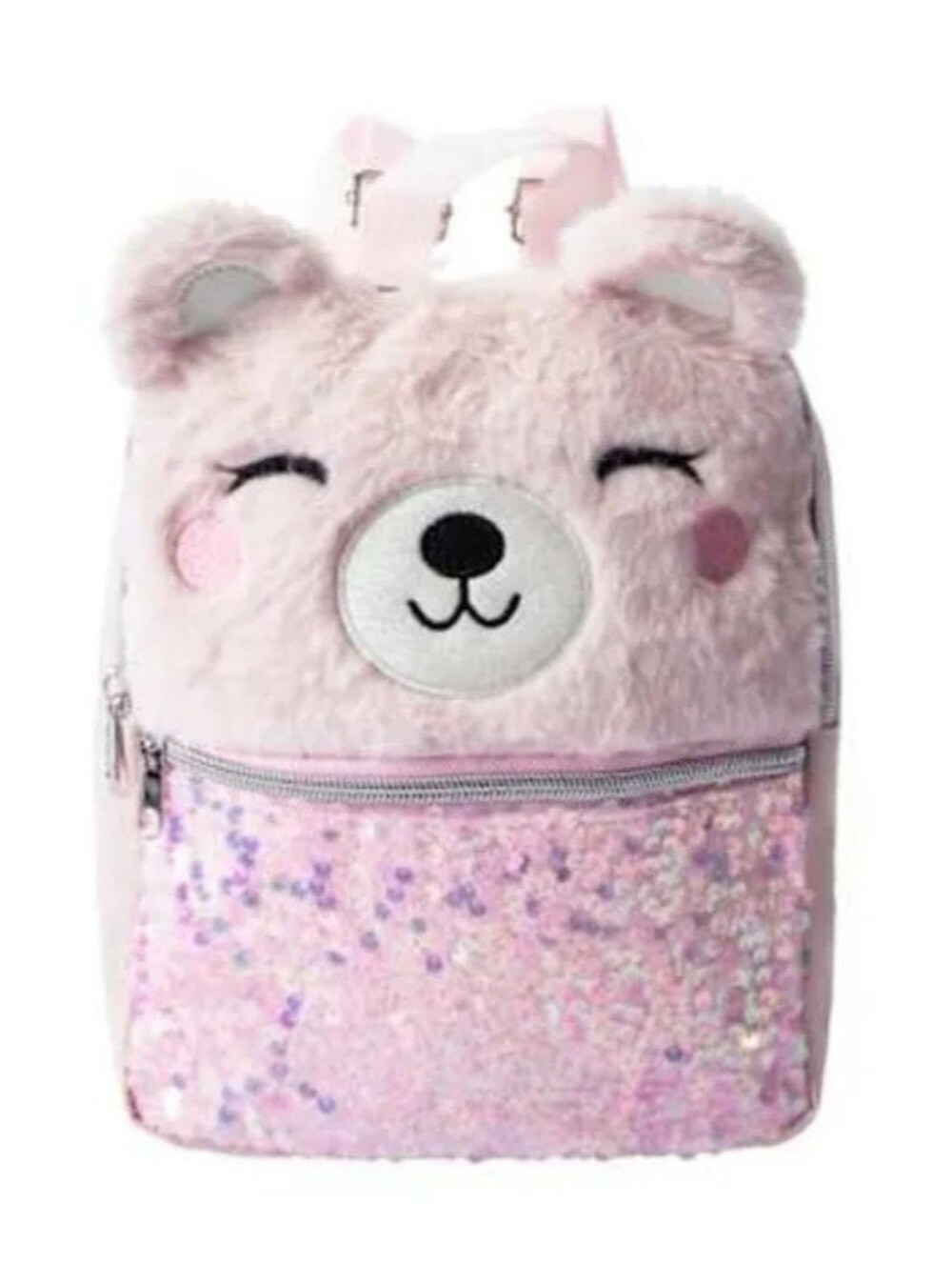 Mini Backpack fuzzy pink bear-themed with sequin details.